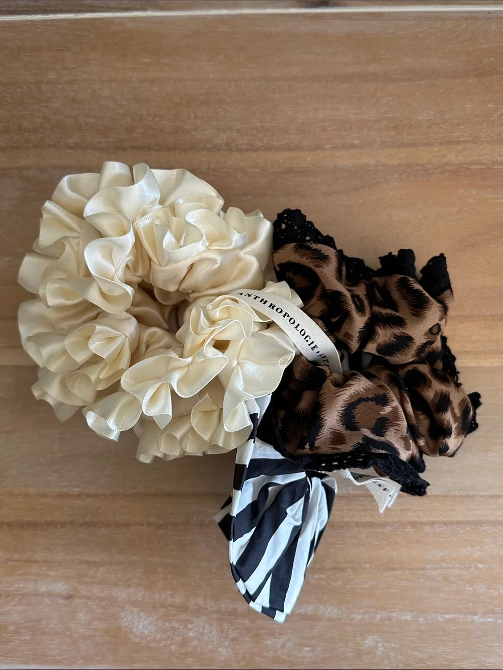 Anthropologie Cream, Leopard and Black-White Stripe Hair Scrunchie Set - 3 Total